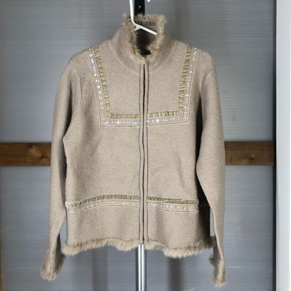 Sz‎ XL- Vtg Deane & White 100% Wool Beige Jacket Faux Fur Sequins Velvet Ribbon
